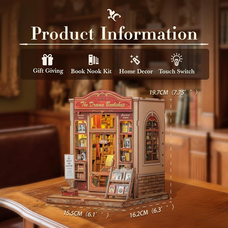 Fsolis Book Nook Kit, DIY Bookshelf Miniature Bookshelf Kit for Adults Tiny House 3D Puzzle Booknook Adult Craft Gifts for Women Teenagers Book Lovers (The Drama Bookshop) - Image 4